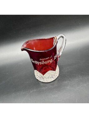 Antique Ruby Flash Souvenir Creamer Pitcher Gettysburg 1863 Press Glass UV Glow